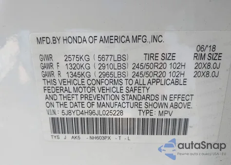 2018 Acura Mdx Advance Entertainment Pkgs z USA, uszkodzony, nr VIN 5J8YD4H96JL025228